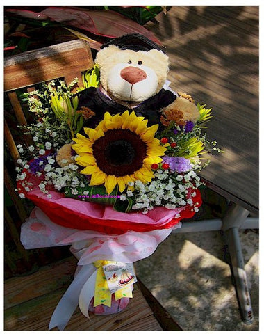 Graduation Bear Fresh Sunflower Bouquet  - BBQ2196
