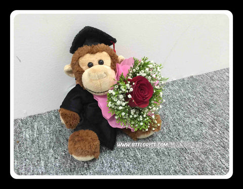 Graduation Monkey w Fresh Flower Bouquet   - BWF3691